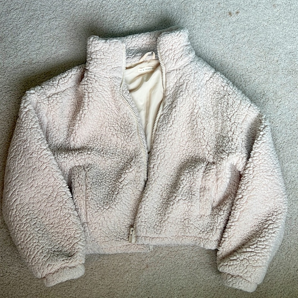 LA Hearts tan full zip fuzzy jacket with pockets